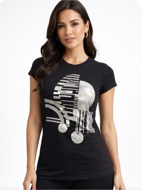 BEBE Sport Black Graphic Tee with Silver Abstract Print